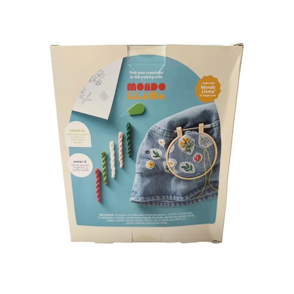 Mondo Llama Bucket Hat Embroidery Kit DIY Floral Denim Hat Craft Kit